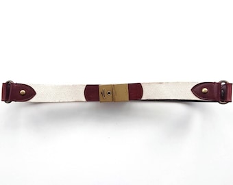 Vintage JAEGER Elastic Cream & Burgundy Leather Belt With Smart Brass Buckle // Russet Statement Belt // Medium // Made in Spain