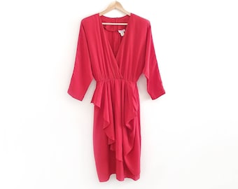 80's Vintage Red Frill Dress // Long Sleeve Wrap Style Midi Dress // Medium