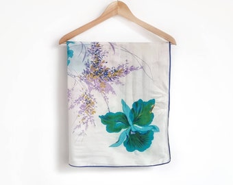 Vintage White & Blue Floral Scarf | Iris Flower Print Scarf