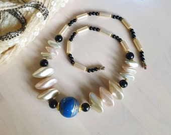 80's Vintage Beaded Necklace | Pearl, Blue & Black Irregular Bead Statement Necklace