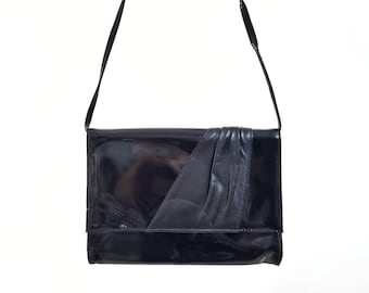 Vintage Black BALLY Handbag // Patent Leather Clutch Bag with Long Thin Strap