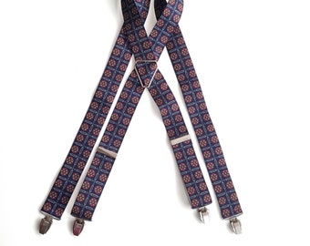 Vintage Navy & Red Patterned Braces // Men's Blue Elastic Suspenders with Brevete SGDG French Silver Clips