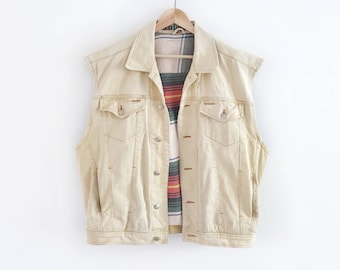 80er Herren Weste Jacke // Vintage Ärmellose Gelbe Denim Gilet // Large - Medium