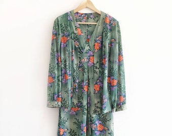 Vintage Summer Midi Dress and Jacket Set in Green Floral // Medium