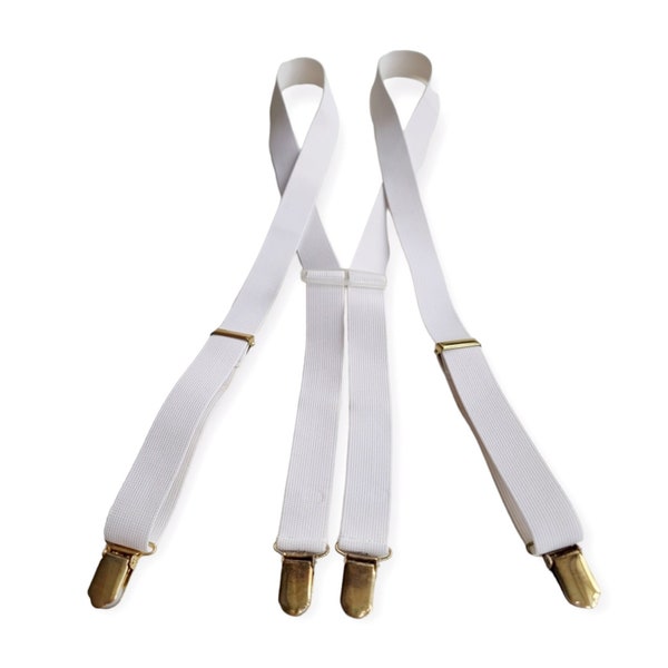 Vintage Men's White Elastic Suspenders | Trouser Braces With Aged Gold Clips