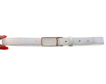 Vintage White Vegan Leather Belt with Gold Stylised Buckle | Small - Medium | Made in Italy