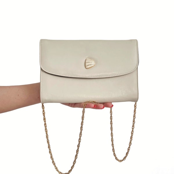 Vintage Cream Vegan Leather Envelope Clutch w Gold Detail | Small Handbag With Gold Chain Strap