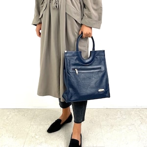 Vintage Navy Vegan Leder Tragetasche | 80er Großer strukturierter Shopper / Markttasche