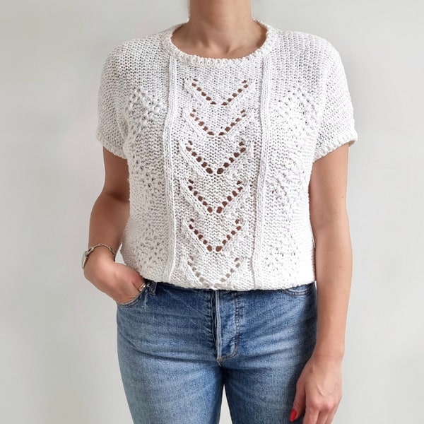 Vintage White Knit Short Sleeve Blouse | Summer Knit Top | Small - Medium | Made in England