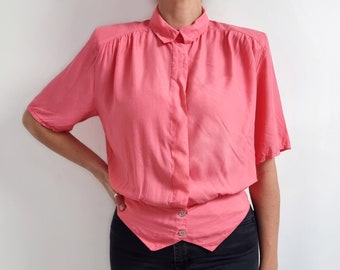 Vintage Bright Pink Pretty Blouse | Short Sleeve Ladies Shirt | Small - Medium