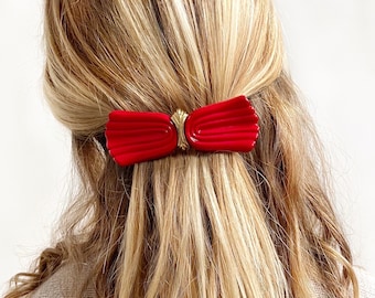80s Vintage Red & Gold Bow Hair Clip | Plastic Large French Hair Slide