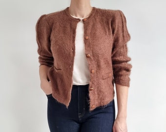 Vintage Brown Mohair Wool Cardigan | Puffed Sleeves Crop Button Up Jumper | Small | Made in Japan