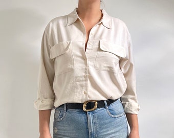 NEW Vintage Cream Pure Silk Noil Blouse | Ladies Long Sleeve Boyfriend Shirt | Medium