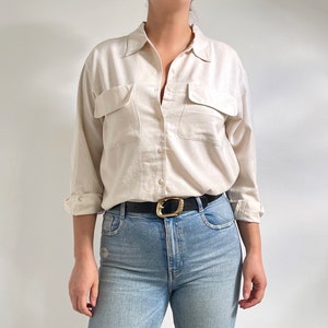 NEW Vintage Cream Pure Silk Noil Blouse | Ladies Long Sleeve Boyfriend Shirt | Medium