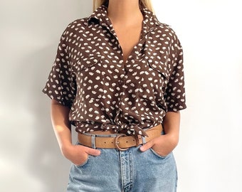 Vintage Elephant Print Ladies Silk Shirt | Fun Short Sleeve Brown & Cream Blouse | Large
