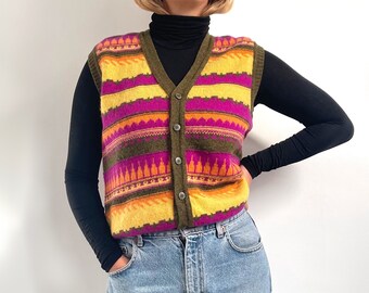 Vintage Bright Knit Wool Vest Cardigan | Striped, Sleeveless Button Jumper / Gilet / Waistcoat Top in Yellow, Pink & Khaki | Medium