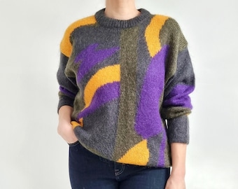 Vintage Mohair Geometric Jumper | Grey, Purple & Yellow Geometric Long Wool Sweater | Small - Medium