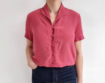 Vintage Raspberry Pink Silk Blouse | Short Sleeve Ladies Shirt | Small - Medium