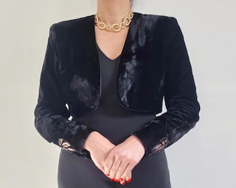 Vintage Black Velvet Cropped Evening Bolero Blazer With Fancy Gold Cuffs | Ladies Dress Jacket | Medium - Large | Made in USA