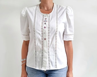 90年代の刺繍入りホワイトブラウス、ヴィンテージ半袖コットンバード 