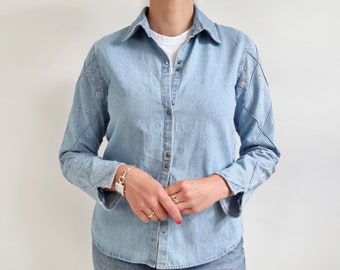 Vintage Light Denim Shacket Shirt With Embroidered Sleeves | Small
