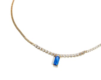 Vintage Gold Chain Necklace w Blue & Clear Gemstones | Delicate Encrusted Princess Jewel Necklace | NEW Deadstock