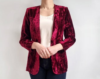 Vintage Cherry Red Crushed Velvet Blazer | Ladies Evening Jacket | Small