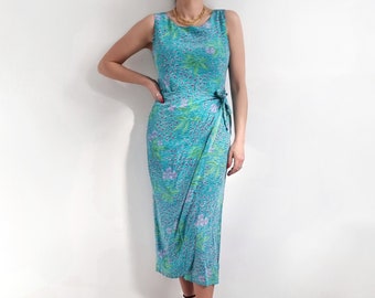 Vintage Wrap Style Long Silk Dress | Turquoise & Lilac Floral Summer Dress | Medium