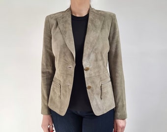 90's Vintage Khaki Suede Ladies Blazer | Olive Green Reverse Leather Jacket | Small - Medium