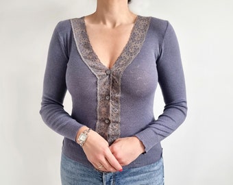 Vintage Navy Grey Thermal Lace Cardigan | Fitted V-Neck Top | Small