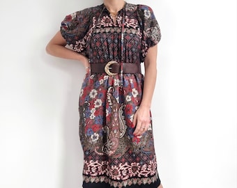 70's Vintage Boho Smocked Short Dress | Dark Floral & Paisley Motif Print Dress | Medium - Large | Made in France