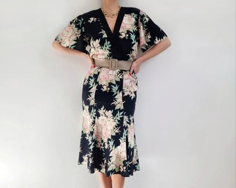 Vintage Black Floral Midi Summer Dress | V-Neck Wrap Style Dress | Small - Medium | Made in USA