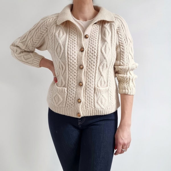 Cardigan épais en laine vintage | Pull boutonné en tricot Aran naturel pour femmes | Petit - Moyen