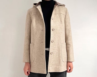 Vintage Cream Wool Parka Coat w Hood | Neutral Beige Short Winter Coat | Small - Medium
