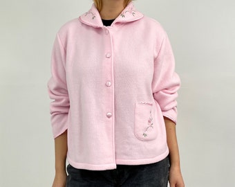Vintage Pink Fleece House Jacket // Floral Warm Bed Jacket // Pyjama Top // Large