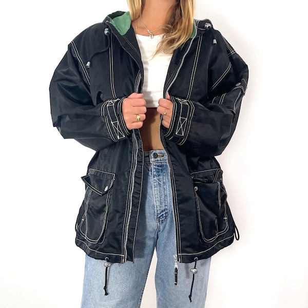 90's Hip Hop Ladies Black Parka | Veste vintage Baggy Streetstyle | Moyen - Grand