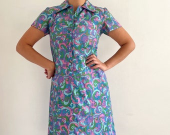 60's Vintage Psychedelic Print Midi Dress // Bright Blue Swirl Shirt Dress // Medium size