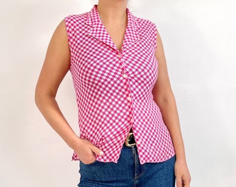 Vintage Pink & White Gingham Check Blouse | Sleeveless Ladies Summer Shirt | Medium