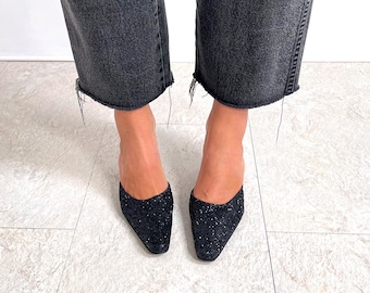 90’s Vintage HOBBS MARILYN ANSEM Black Glitter Evening Shoes | Sparkly Low Heel Mules | Size 6UK/39EU