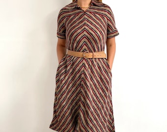 70’s Vintage Diagonal Brown Stripe Dress // Knit Midi A-line // Medium