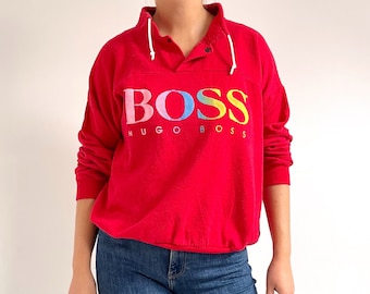 Vintage Hugo BOSS Red Jumper | Casual Sporty Bright Sweater | Medium