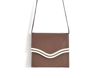 Vintage Brown & Cream Wave Leather Handbag / Clutch w Long Strap by Jacques Vert | Small Bag