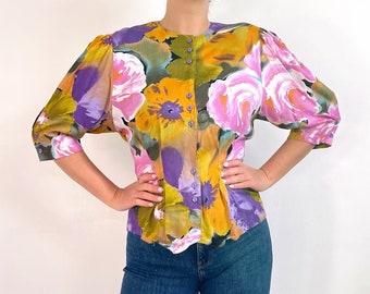 80’s Vintage Bright Floral Blouse | Yellow, Purple, Pink Short Sleeve Button Front Top | Medium