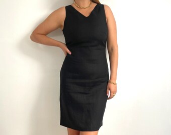 90's Vintage LBD Smart Black Linen Dress // Sleeveless Sheath Dress // Medium