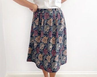 Vintage Dark Floral Midi Skirt // Winter Flower Print Long Skirt // Small