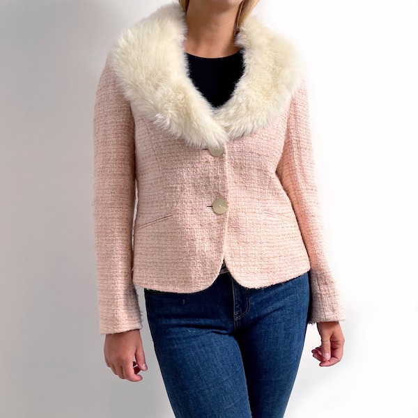 Y2K Vintage Pink Blazer w Cream Faux-Fur Collar | Ladies Mohair Jacket | Medium - Large