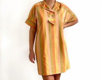 90’s Vintage Short Silk Shirt Dress | Orange Stripes Loose Summer Dress | Medium - Large