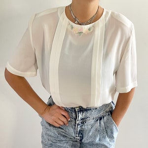 Vintage Embroidered White Blouse // Short Sleeve Summer Top // Large