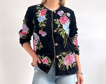 Vintage Indigo Moon Embroidered Blazer | Black Velvet Ladies Jacket w Bright Flowers | Medium