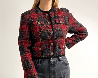 Vintage Black & Red Cropped Blazer // Woven Plaid Check Short Jacket // Medium